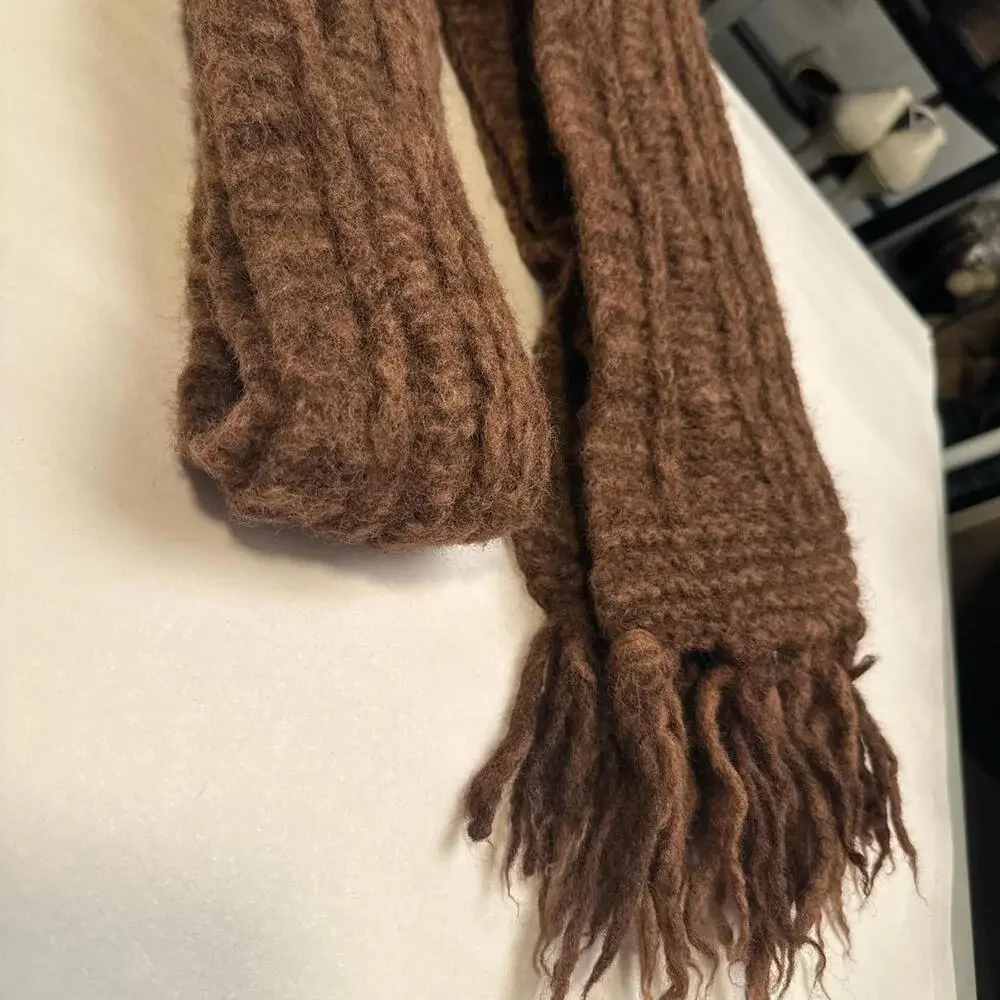 Cozy Brown Knit Fringe Scarf - Women Accessories